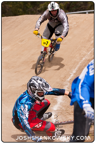 BMX racing, Rider falls with another rider on tail